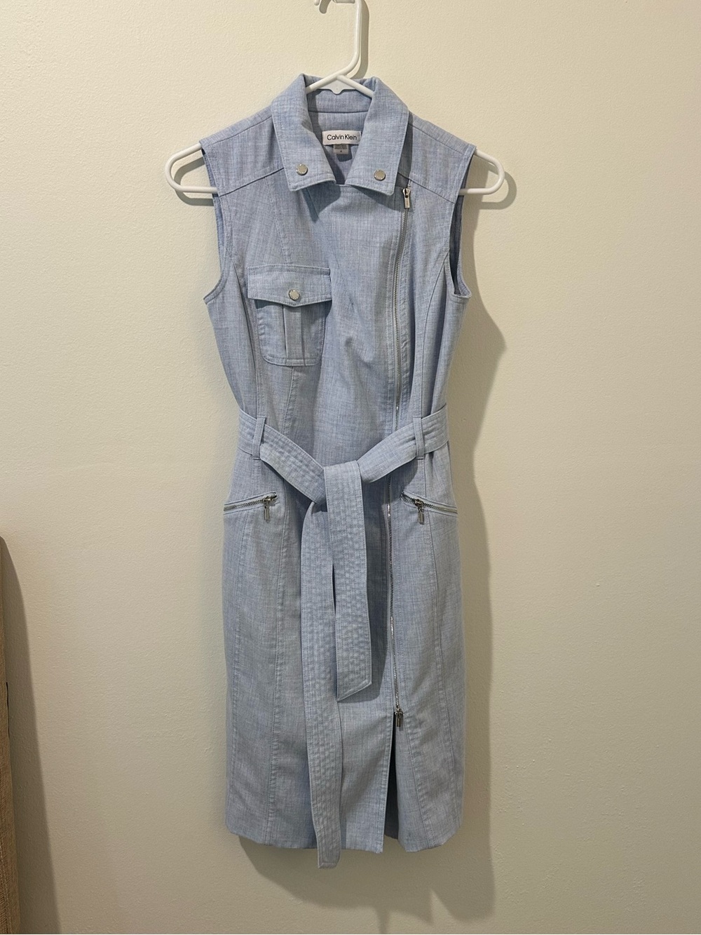 Calvin Klein Light Chambray Sleeveless Zip Dress with Belt